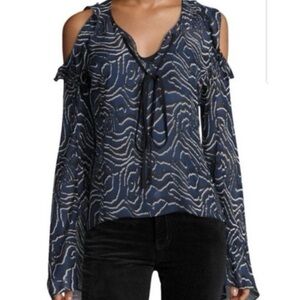 10 Crosby Derek Lam Size 10 Navy/Black Geographic Print 100% Silk Tie Front Top